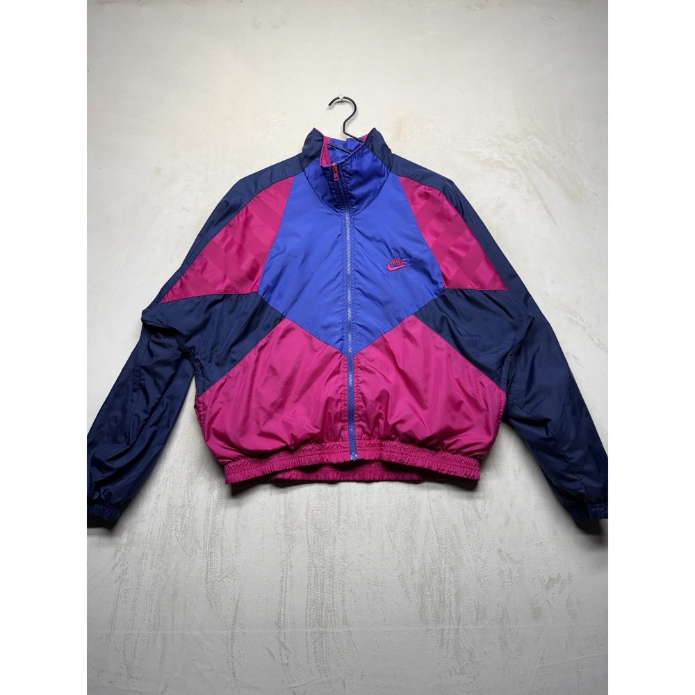 VTG 90s Nike Track Jacket Womens M Pink Navy Blue Colorblock Windbreaker Lined